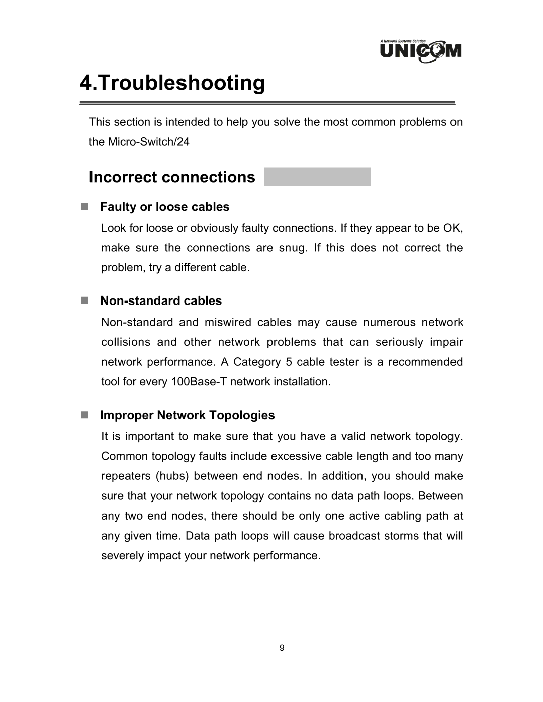 UNICOM Electric FEP-32024T specifications Troubleshooting, Incorrect connections 