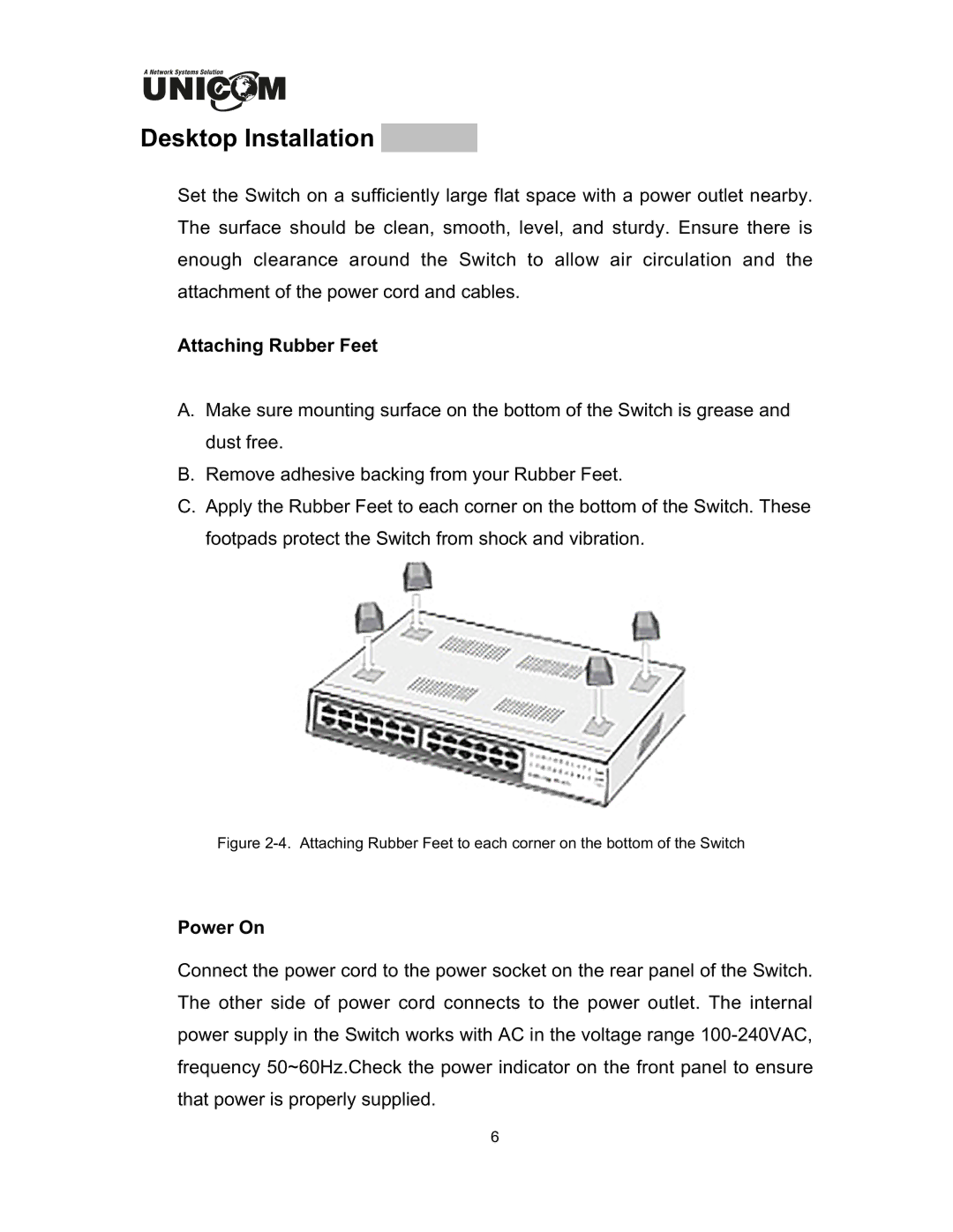 UNICOM Electric FEP-32024T specifications Desktop Installation, Attaching Rubber Feet 