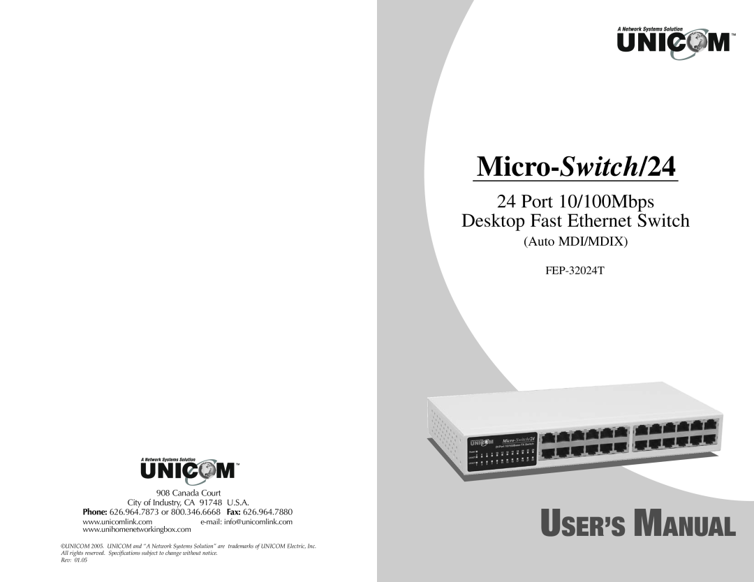 UNICOM Electric FEP-32024T specifications Micro-Switch/24, User’S Manual, Port 10/100Mbps Desktop Fast Ethernet Switch 