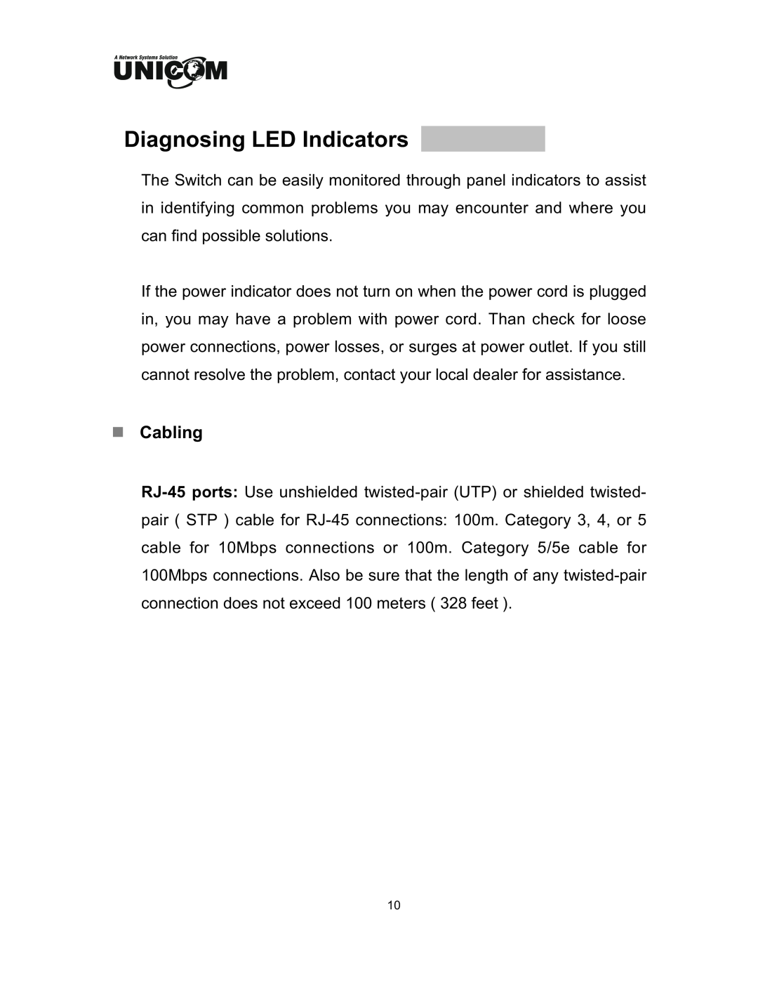 UNICOM Electric FEP-32024T specifications Diagnosing LED Indicators, Cabling 