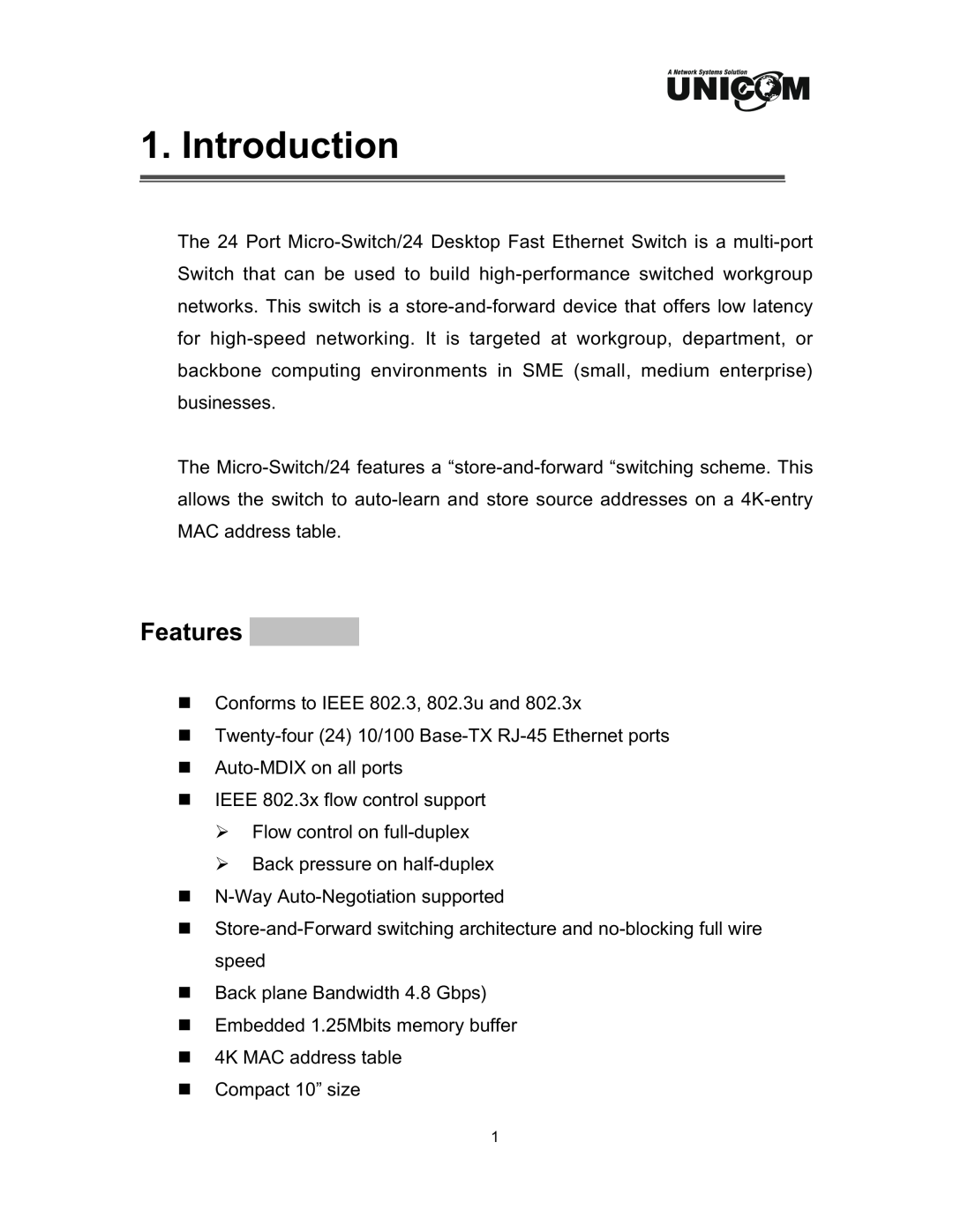 UNICOM Electric FEP-32024T specifications Introduction, Features 