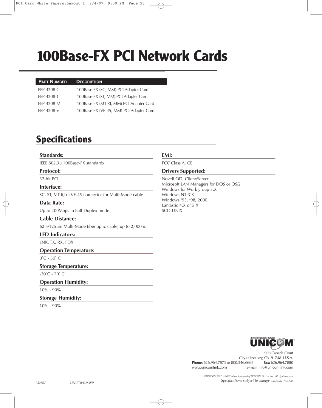 UNICOM Electric FEP-4208-C, FEP-4208-V, FEP-4208-M specifications 100Base-FX PCI Network Cards, Specifications, Emi 