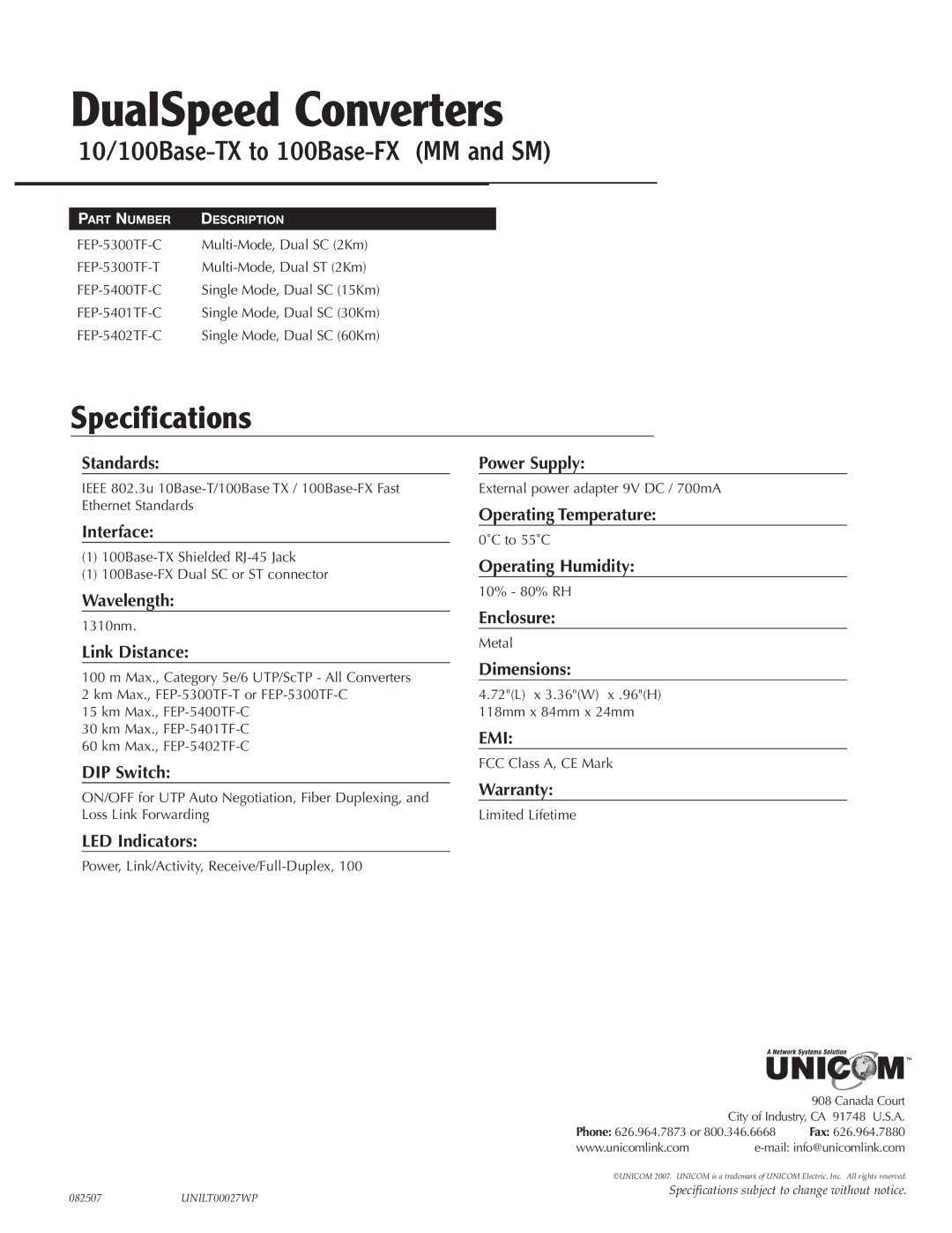 UNICOM Electric FEP-5300TF-T specifications DualSpeed Converters, Specification s, 10/100Base-TX to 100Base-FX MM and SM 