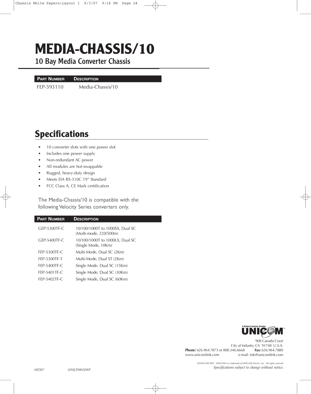 UNICOM Electric FEP-593110 specifications MEDIA-CHASSIS/10, Specifications, Phone626.964.7873or, Fax 