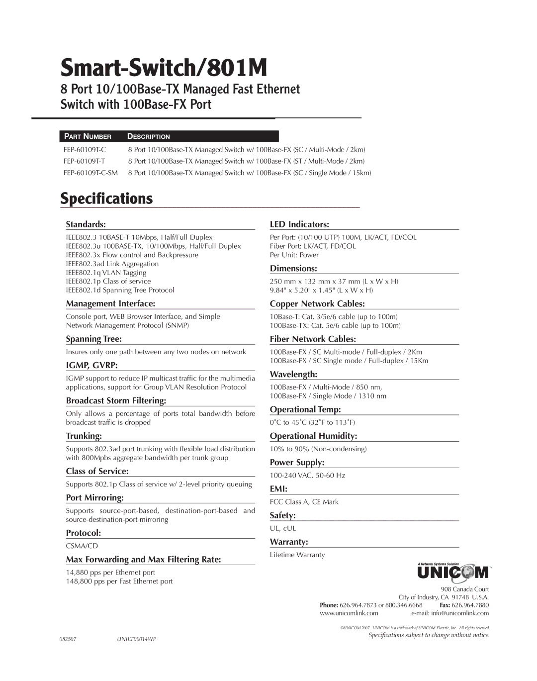 UNICOM Electric FEP-60109T-T, FEP-60109T-C-SM specifications IGMP, Gvrp, Emi 