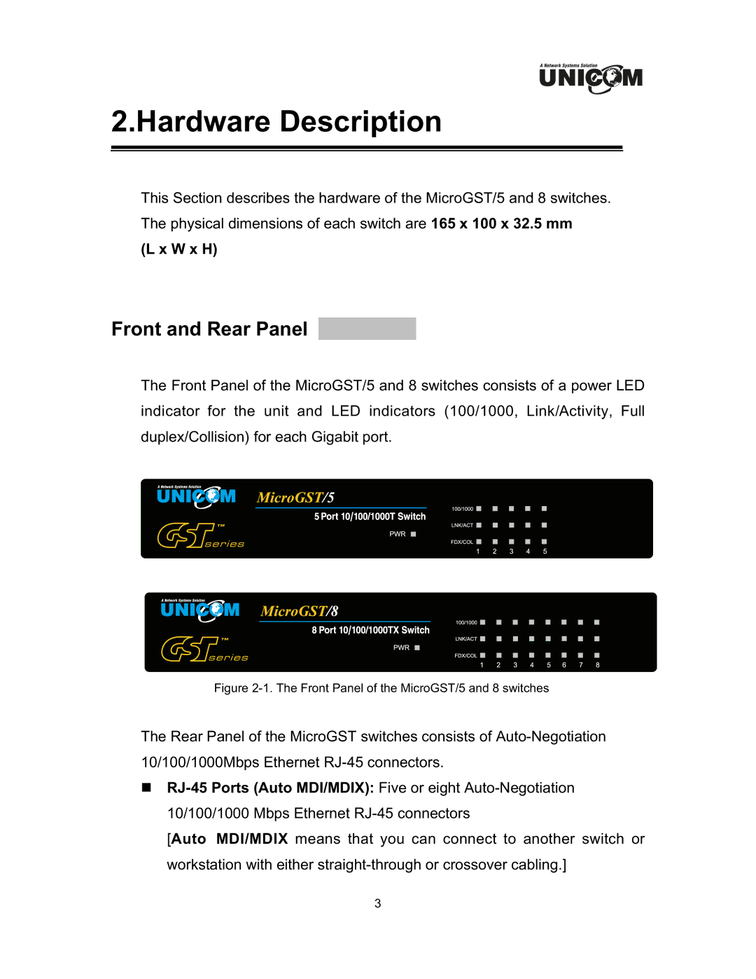 UNICOM Electric GEP-32005T, GEP-32008T specifications Hardware Description, Front and Rear Panel, W x H 