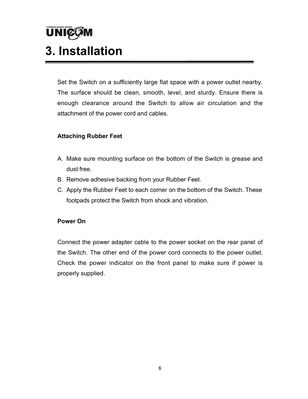 UNICOM Electric GEP-32008T, GEP-32005T specifications Installation, Attaching Rubber Feet, Power On 