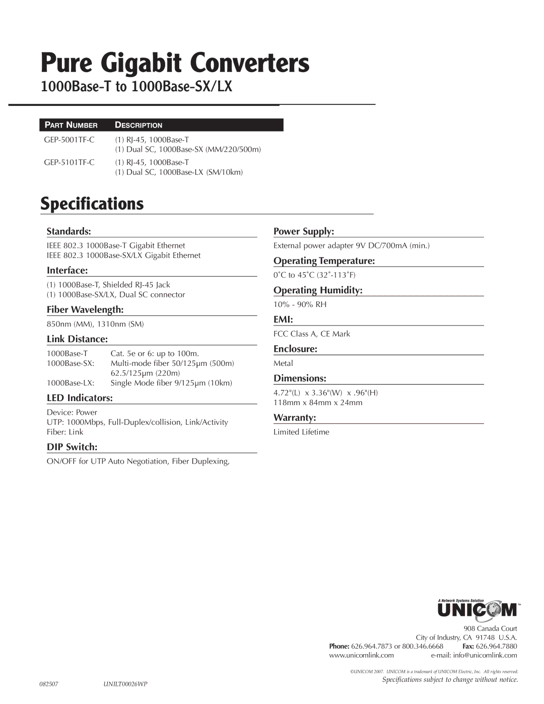 UNICOM Electric GEP-5101TF-C specifications Pure Gigabit Converters, Specification s, 1000Base-T to 1000Base-SX/LX, Emi 