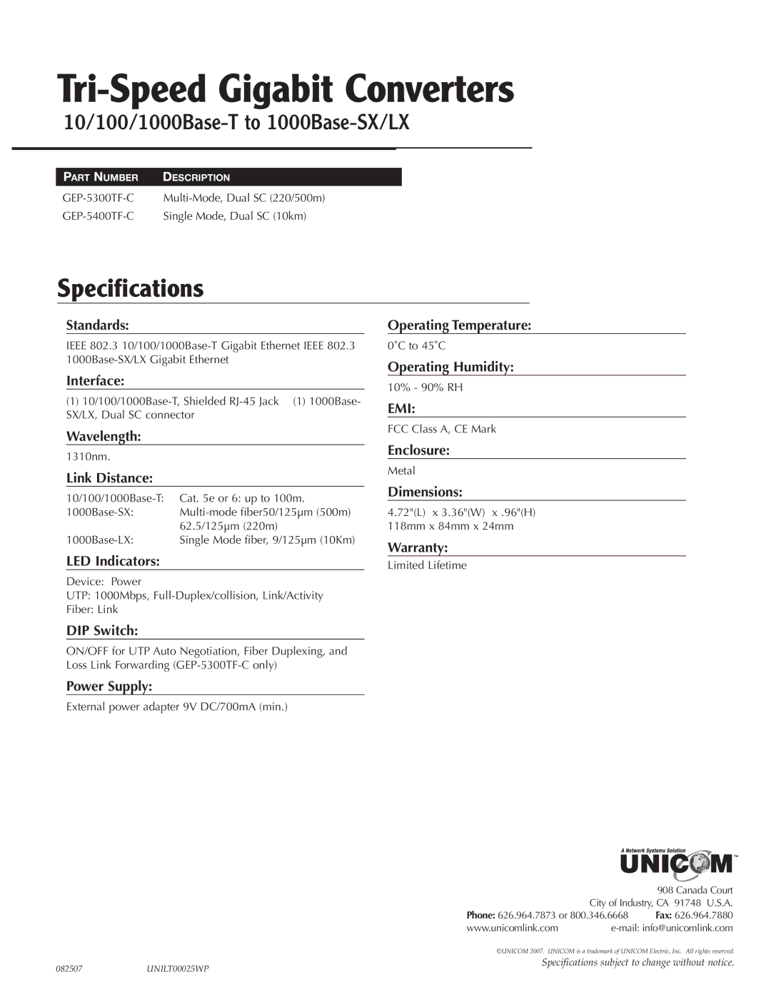 UNICOM Electric GEP-5300TF-C specifications Standards, Interface, Wavelength, Link Distance, LED Indicators, DIP Switch 