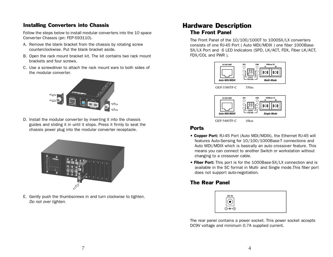 UNICOM Electric GEP-5300TF-C Hardware Description, Installing Converters into Chassis, Front Panel, Ports, Rear Panel 