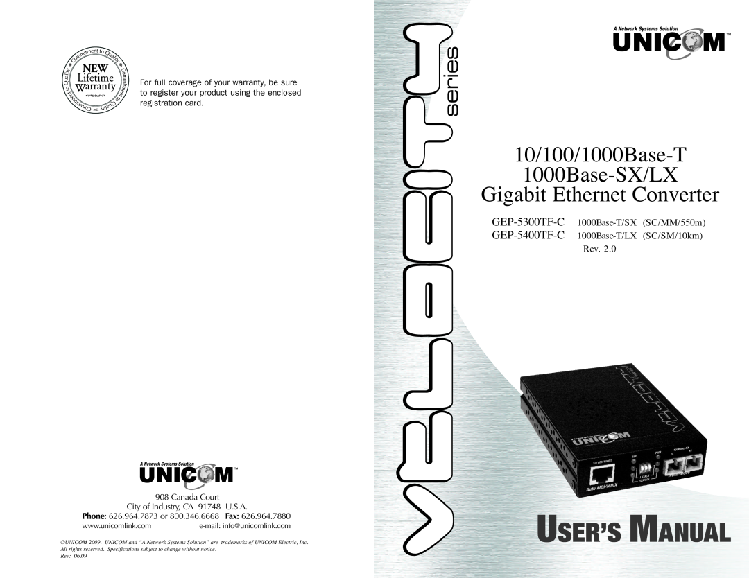 UNICOM Electric GEP-5300TF-C specifications User’S Manual, 10/100/1000Base-T 1000Base-SX/LX Gigabit Ethernet Converter 