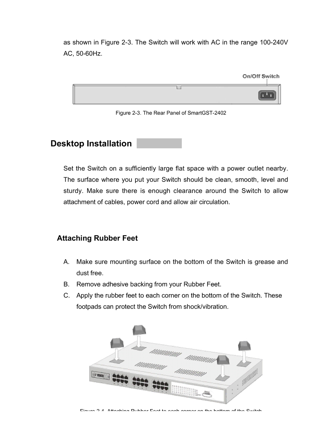 UNICOM Electric GST-2402 specifications Desktop Installation, Attaching Rubber Feet 