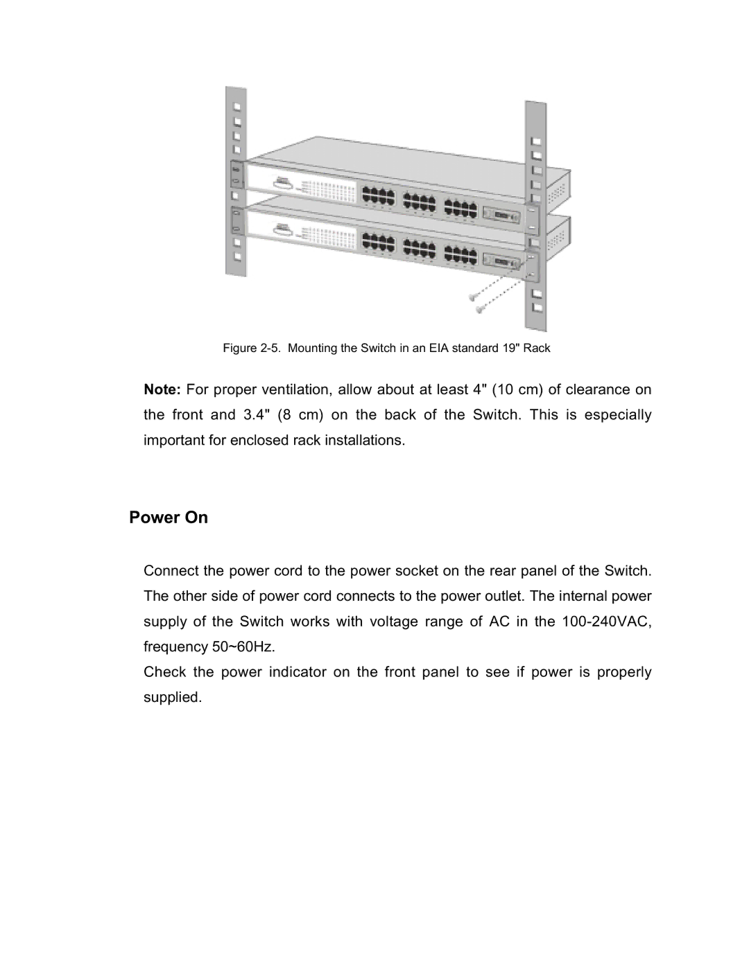 UNICOM Electric GST-2402 specifications Power On, Mounting the Switch in an EIA standard 19 Rack 