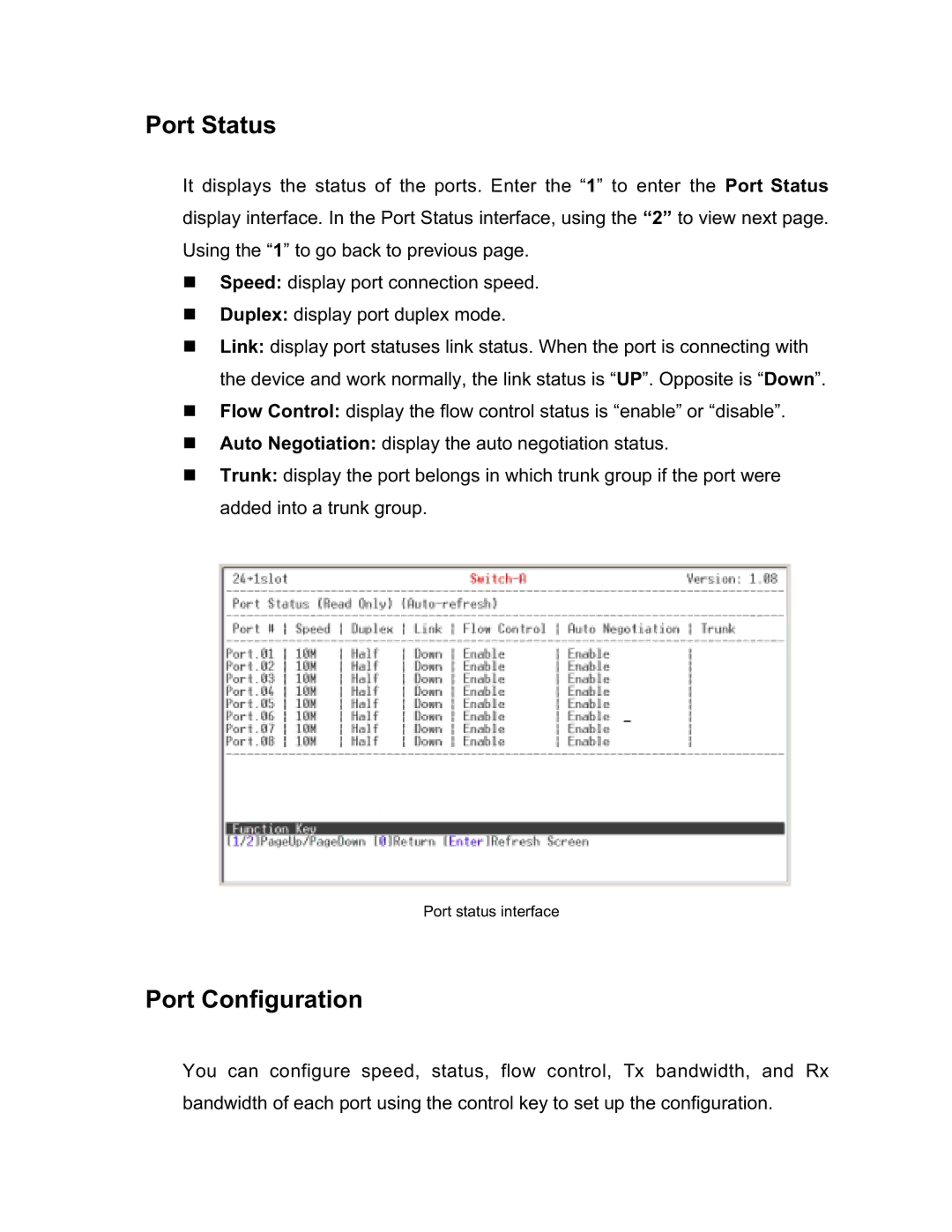 UNICOM Electric GST-2402 specifications Port Status, Port Configuration 