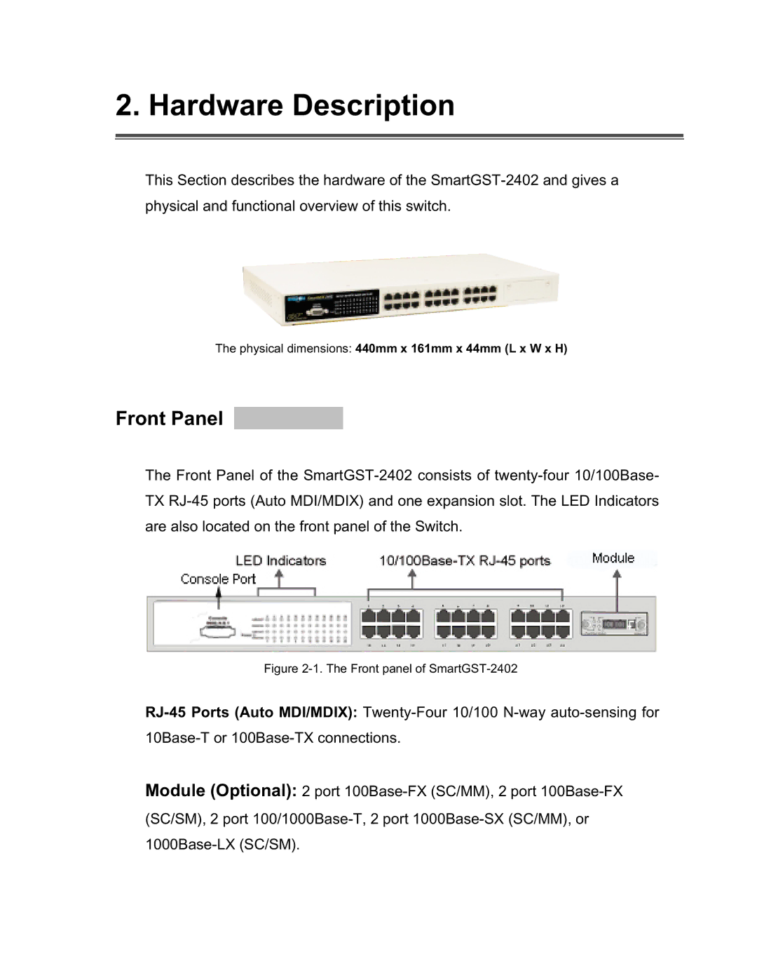 UNICOM Electric GST-2402 specifications Hardware Description, Front Panel 