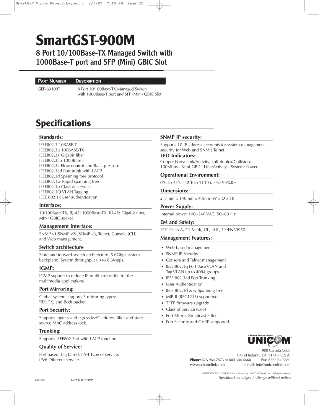 UNICOM Electric GST-900M specifications Standards, Snmp IP security, LED Indicators, Operational Environment, Dimensions 