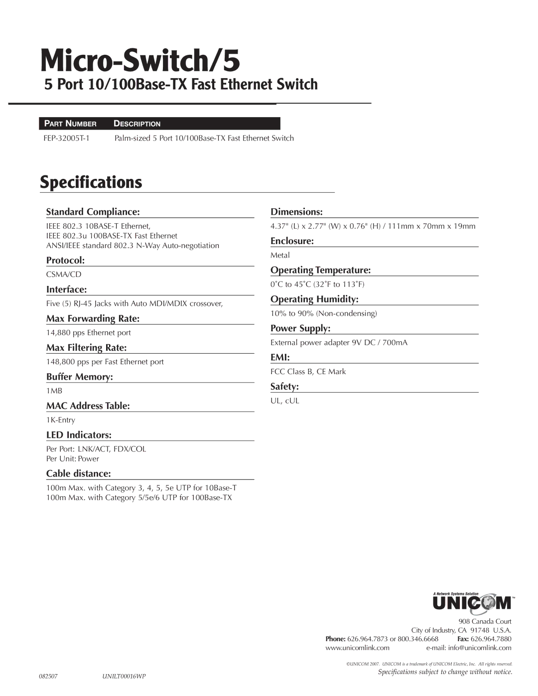 UNICOM Electric Micro-Switch/5 specifications 