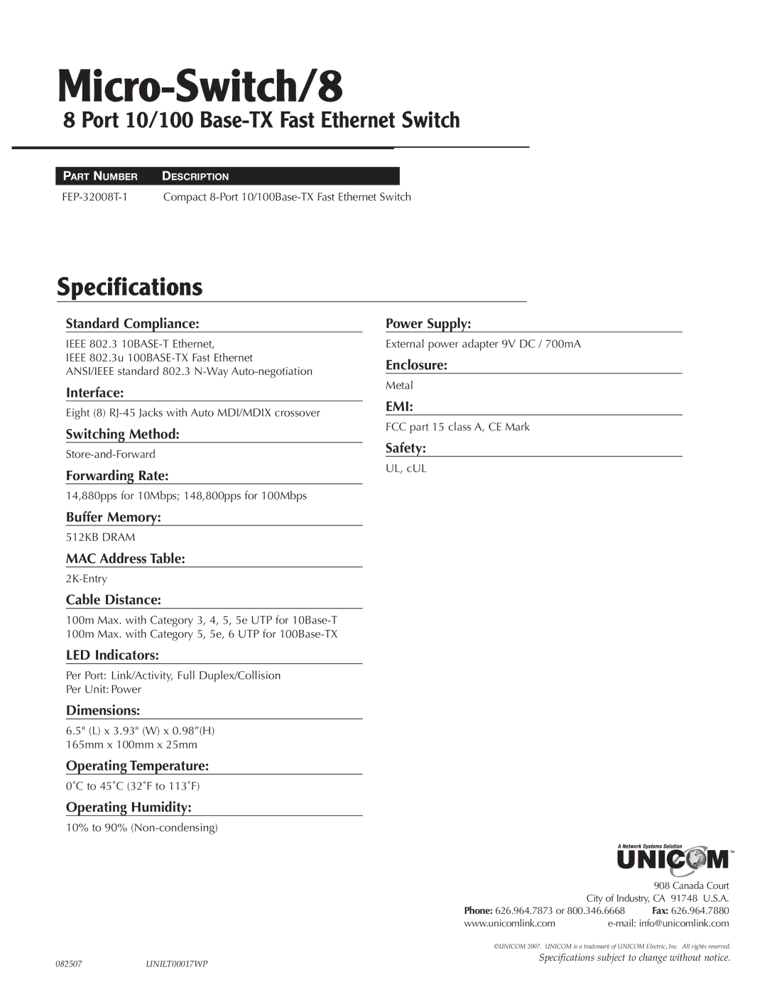 UNICOM Electric Micro-Switch/5 specifications Micro-Switch/8, Switching Method, Forwarding Rate 