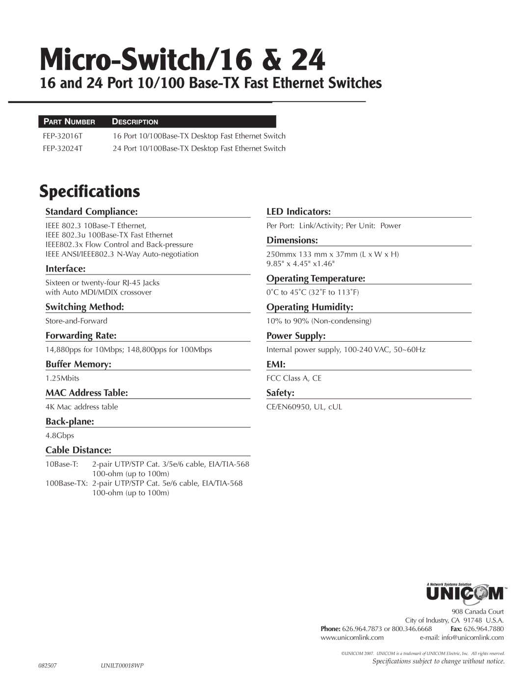 UNICOM Electric Micro-Switch/5 specifications Micro-Switch/16, Back-plane 