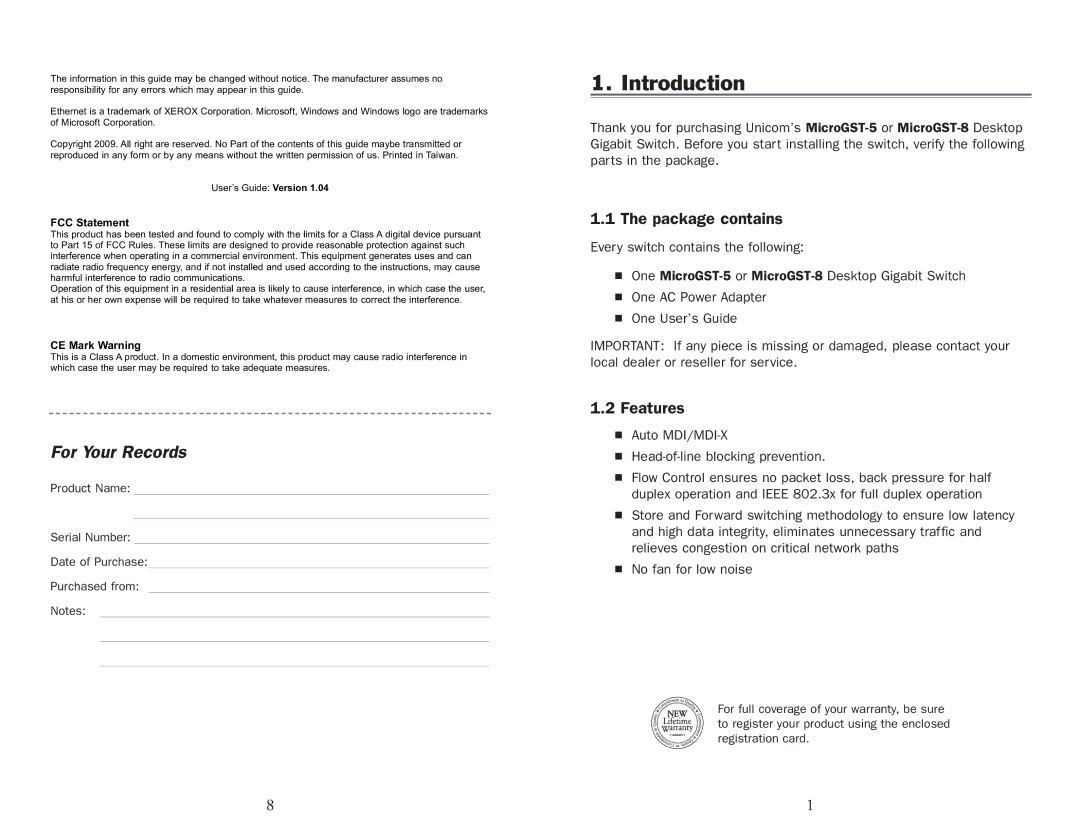 UNICOM Electric MICROGST-5, MICROGST-8, GEP-32008T-1, GEP-32005T-1 specifications Introduction, Package contains, Features 