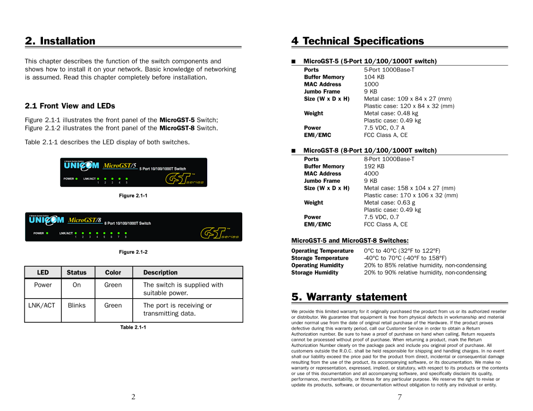 UNICOM Electric MICROGST-8, GEP-32008T-1 Installation, Technical Specifications, Warranty statement, Front View and LEDs 