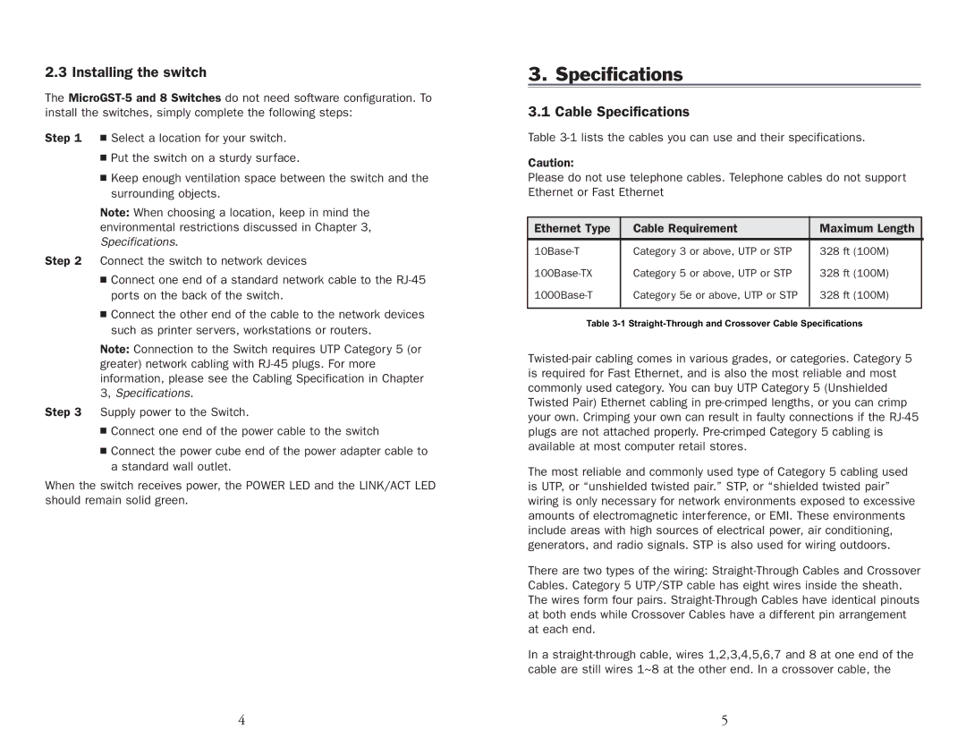UNICOM Electric GEP-32005T-1, MICROGST-8, GEP-32008T-1, MICROGST-5 Installing the switch, Cable Specifications 