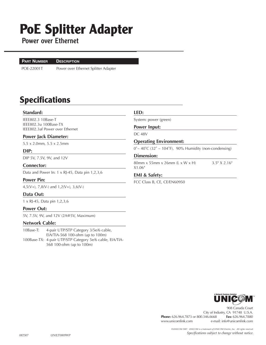 UNICOM Electric POE-22001T specifications PoE Splitter Adapter, Specification s, Dip, Led 