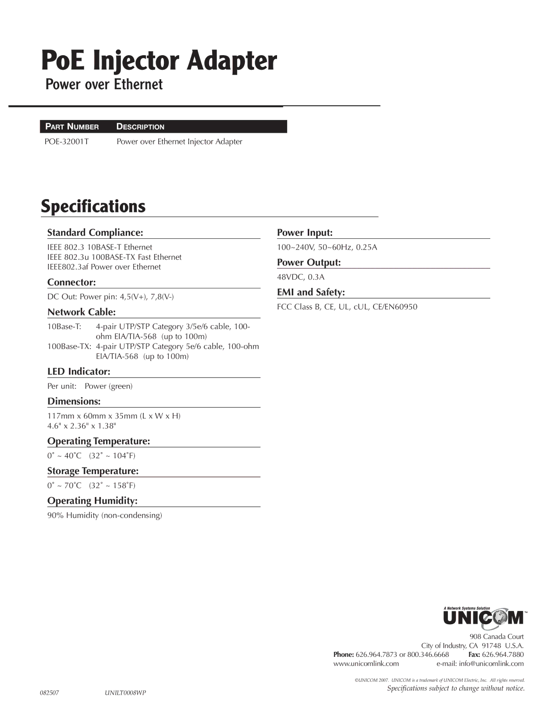 UNICOM Electric POE-32001T specifications PoE Injector Adapter, Specification s 