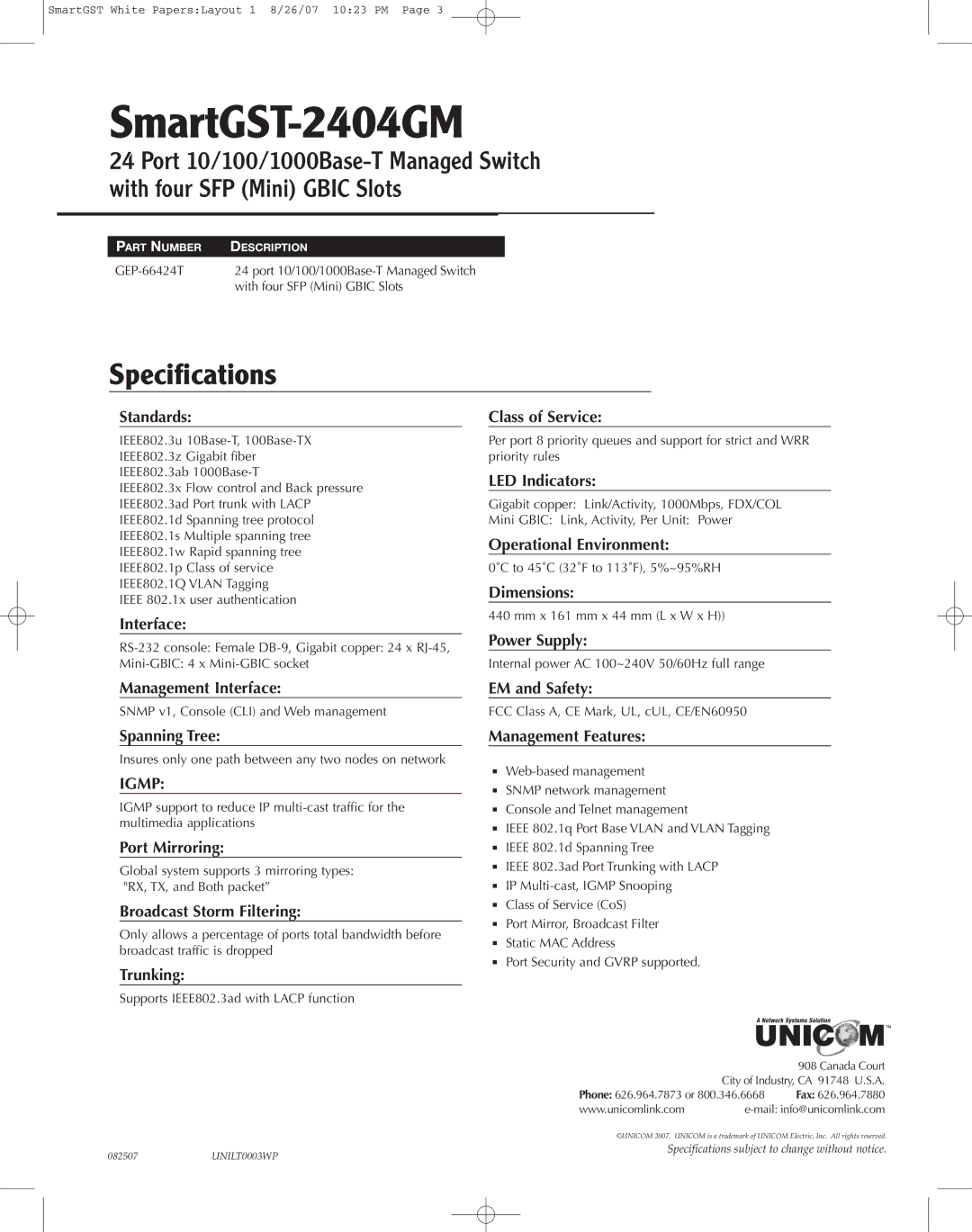 UNICOM Electric SmartGST-2404GM specifications Specifications, Igmp 