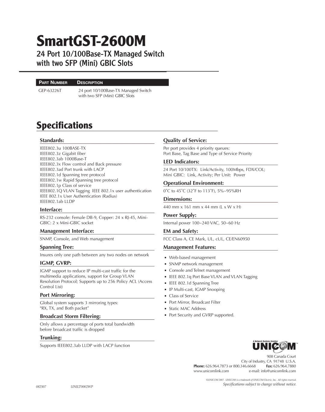 UNICOM Electric SmartGST-2600M specifications Specifications, IGMP, Gvrp 