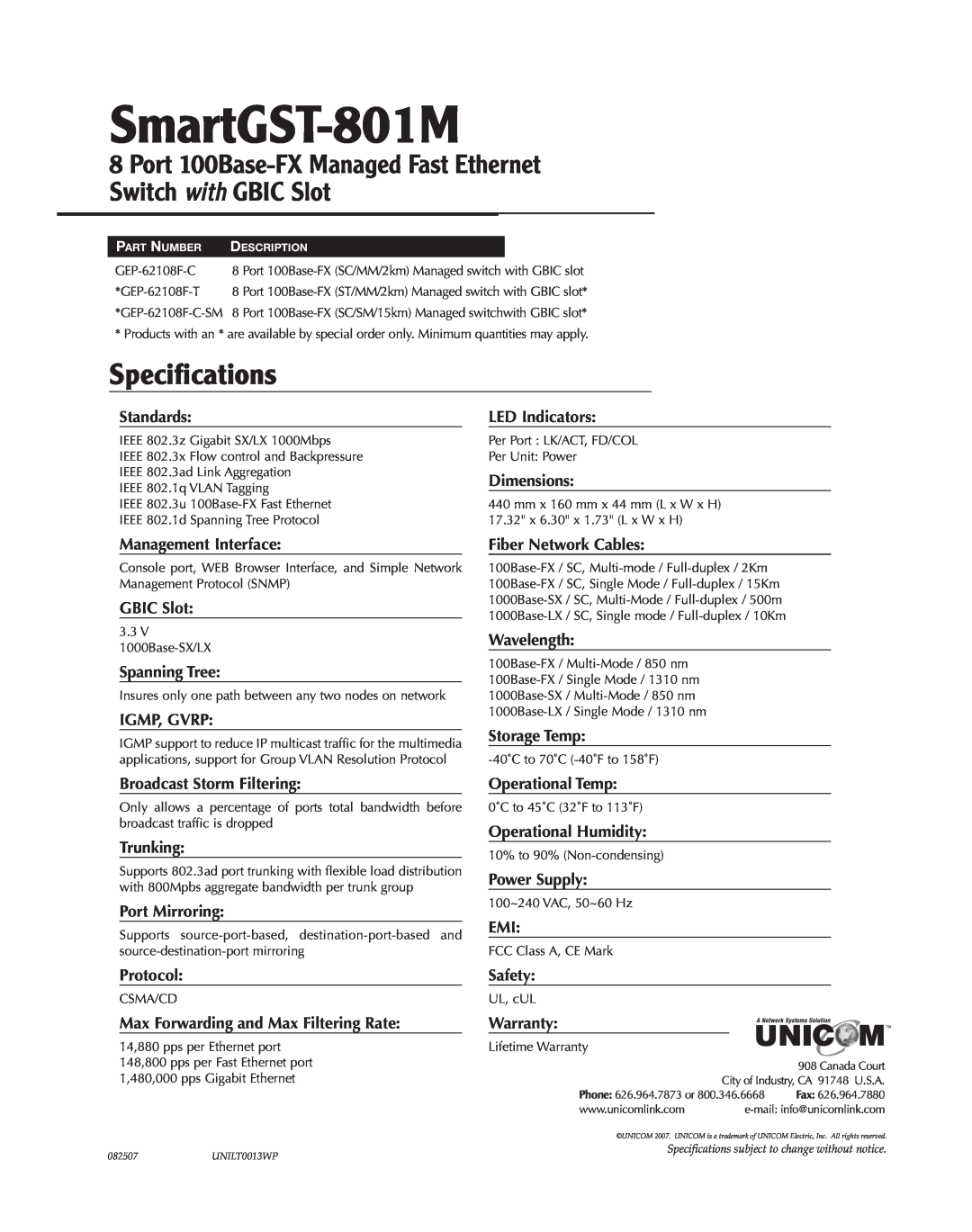 UNICOM Electric SmartGST-801M specifications Specifications, Port 100Base-FX Managed Fast Ethernet Switch with GBIC Slot 