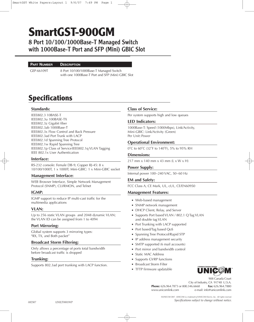 UNICOM Electric SmartGST-900GM specifications Specifications, Igmp, Vlan 