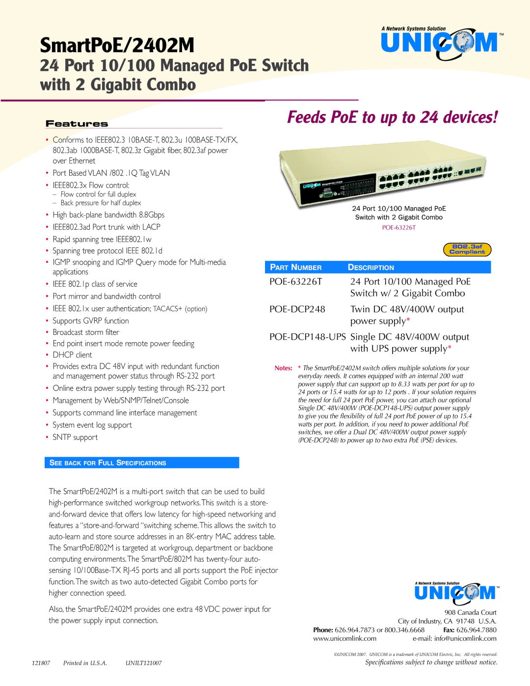 UNICOM Electric SmartPoE/2402M specifications 