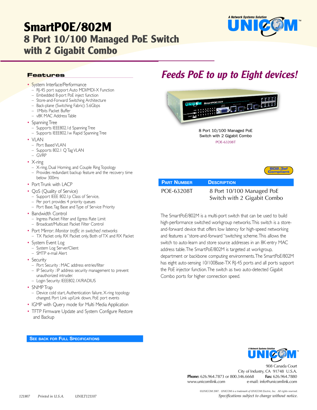 UNICOM Electric SmartPoE/802M specifications SmartPOE/802M, Port 10/100 Managed PoE Switch with 2 Gigabit Combo, Features 