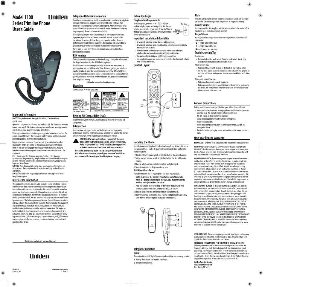 Uniden 1100 Series warranty Important Information, Interference Information, Telephone Network Information, REN Number 