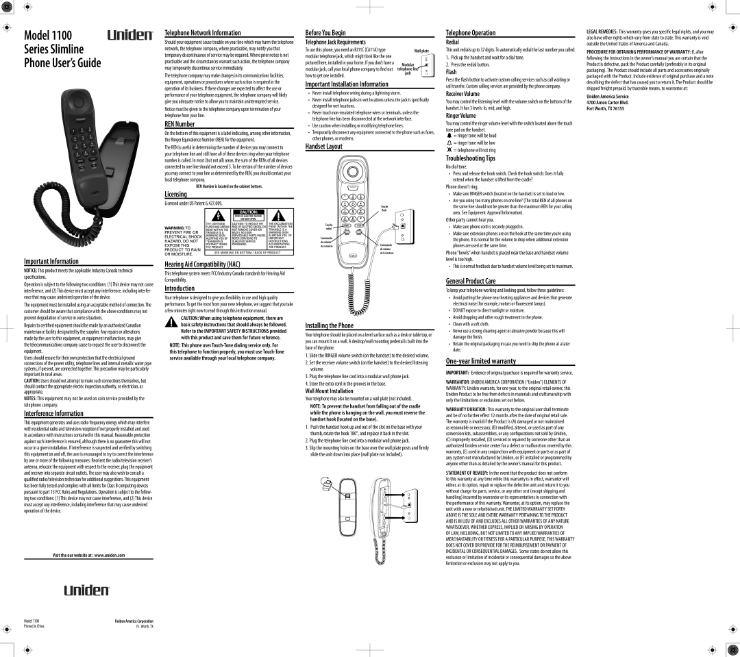 Uniden 1100BK warranty Important Information Telephone Network Information, REN Number, Licensing, Handset Layout 