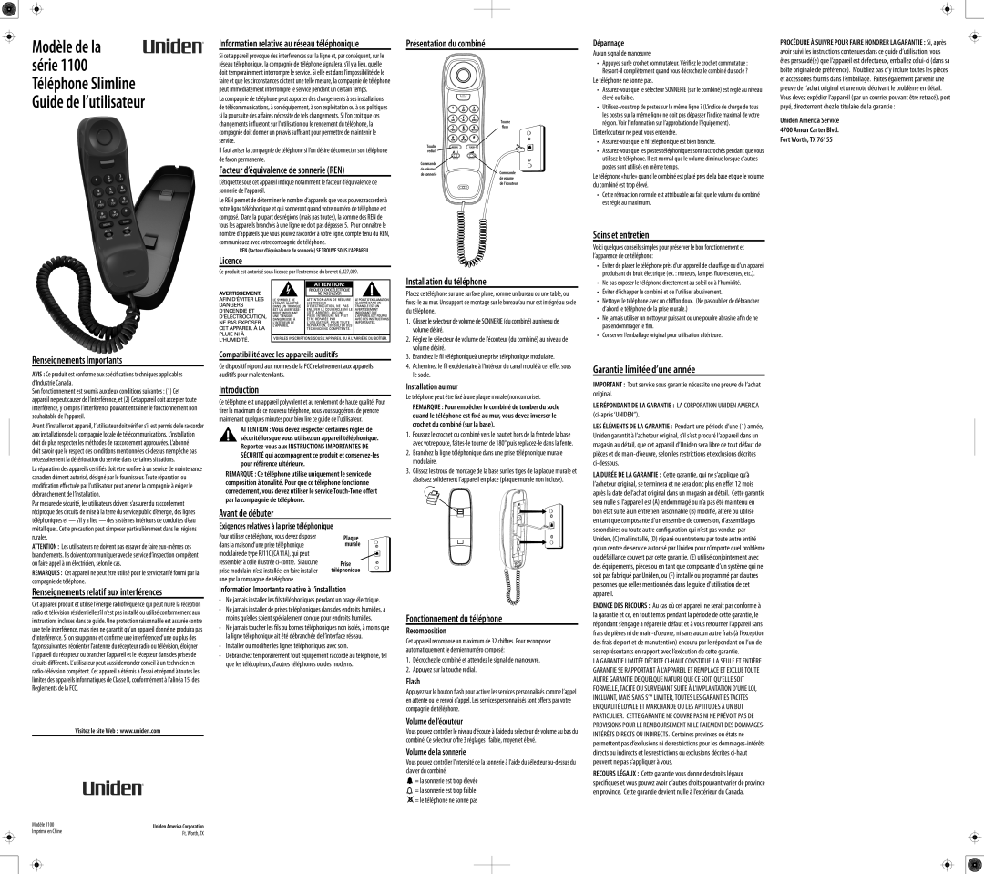 Uniden 1100BK Présentation du combiné, Renseignements Importants, Licence, Avant de débuter, Installation du téléphone 