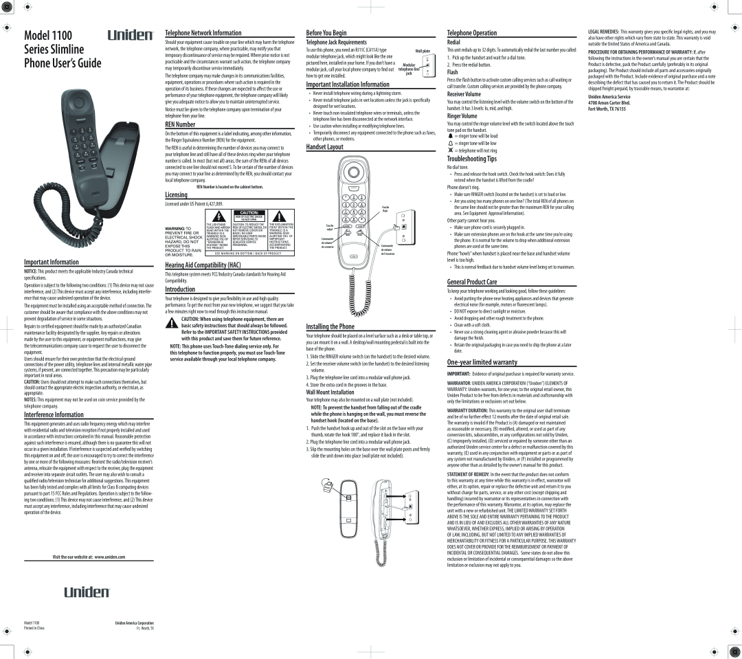 Uniden 1100BK warranty Model Series Slimline Phone User’s Guide 