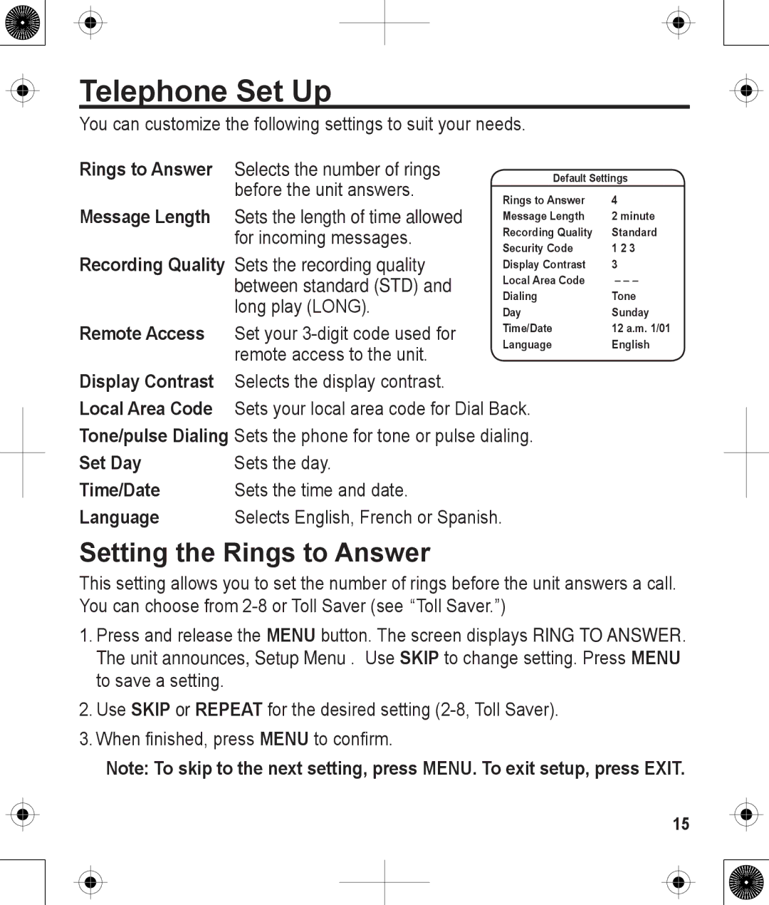 Uniden 1380BK manual Telephone Set Up, Setting the Rings to Answer 