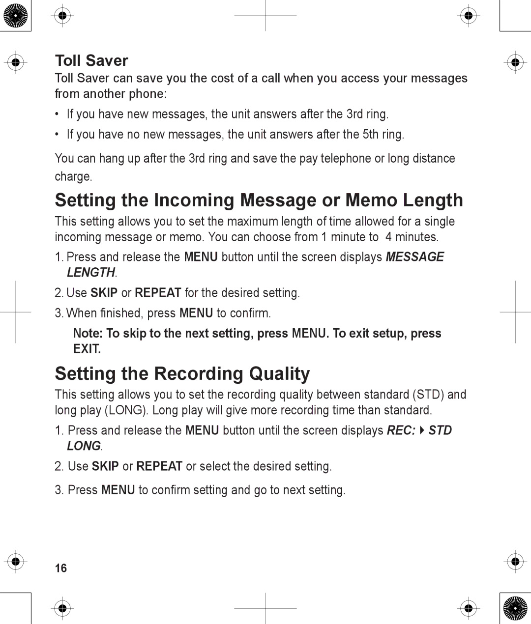 Uniden 1380BK manual Setting the Incoming Message or Memo Length, Setting the Recording Quality, Toll Saver 