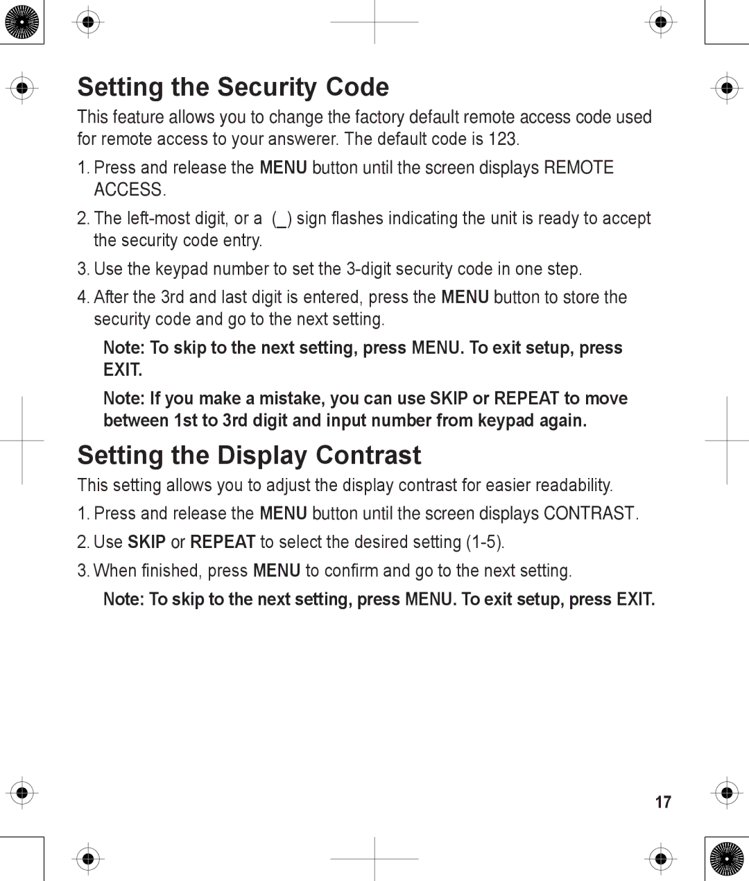 Uniden 1380BK manual Setting the Security Code, Setting the Display Contrast 