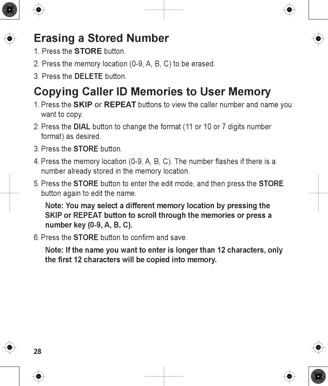 Uniden 1380BK manual Erasing a Stored Number, Copying Caller ID Memories to User Memory 