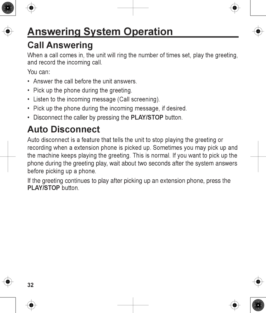 Uniden 1380BK manual Answering System Operation, Call Answering, Auto Disconnect 