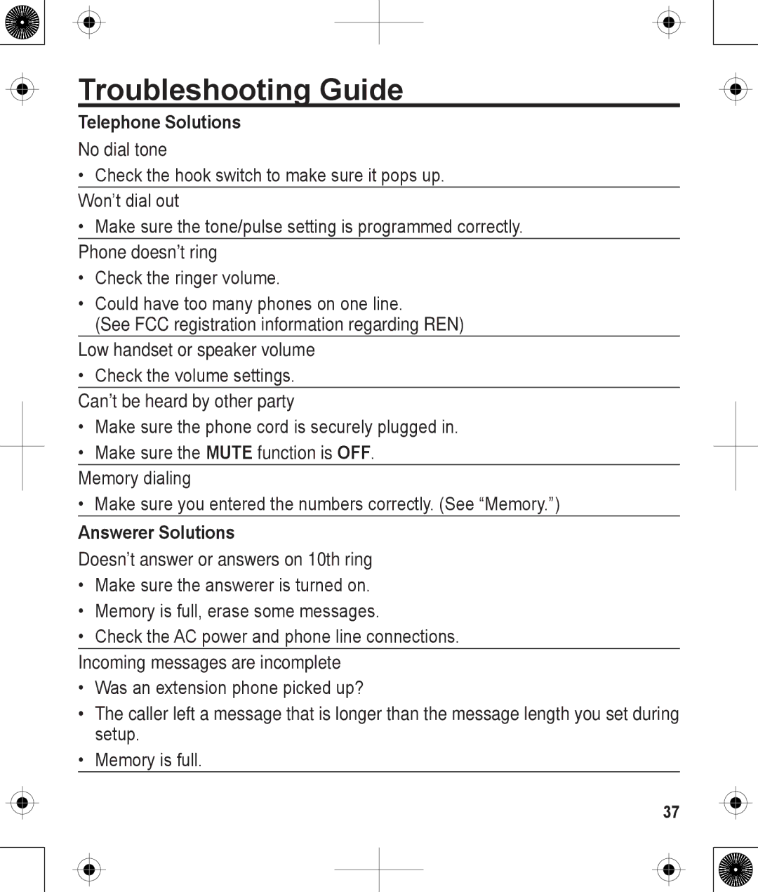 Uniden 1380BK manual Troubleshooting Guide, Telephone Solutions 