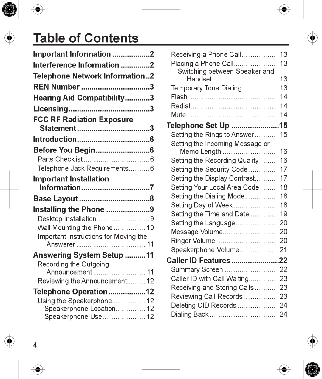 Uniden 1380BK manual Table of Contents 