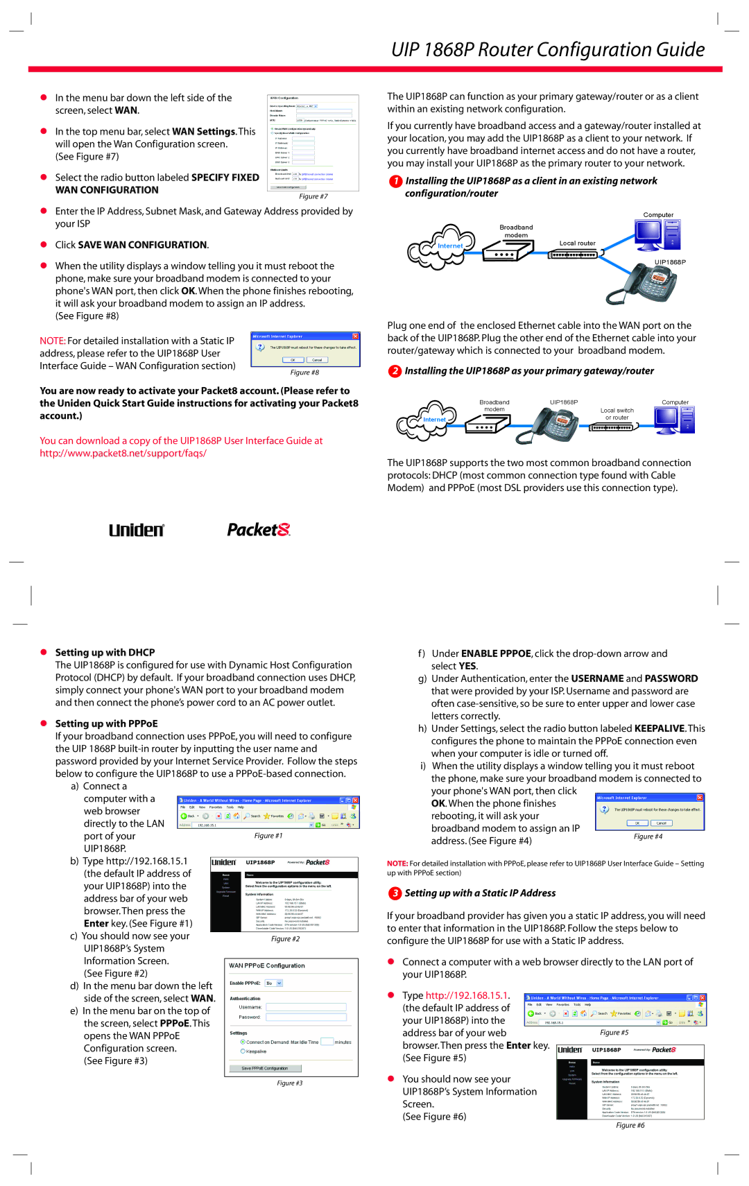 Uniden quick start UIP 1868P Router Configuration Guide, WAN Configuration, Setting up with a Static IP Address 