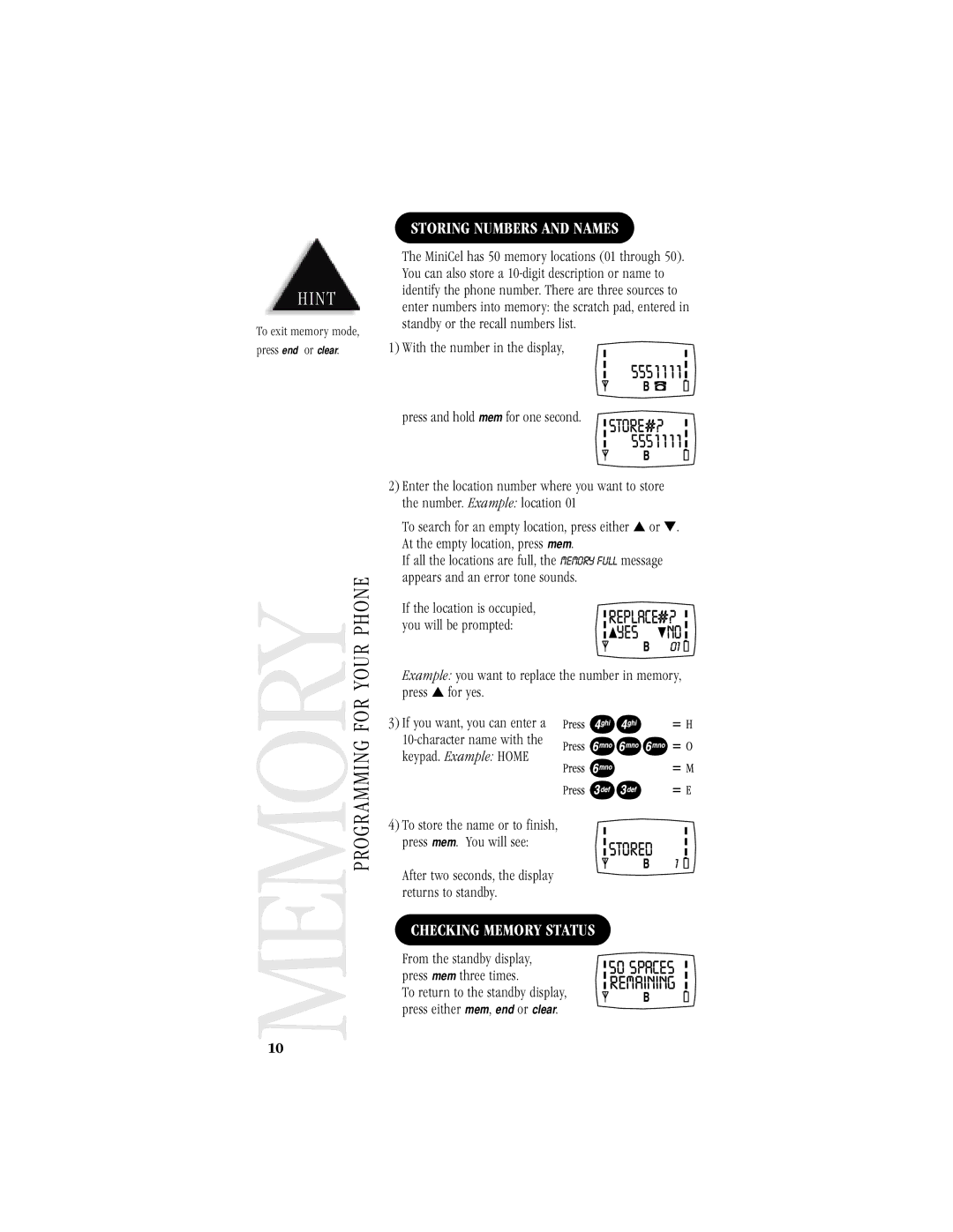 Uniden 200 manual Progr, Storing Numbers and Names, Checking Memory Status 