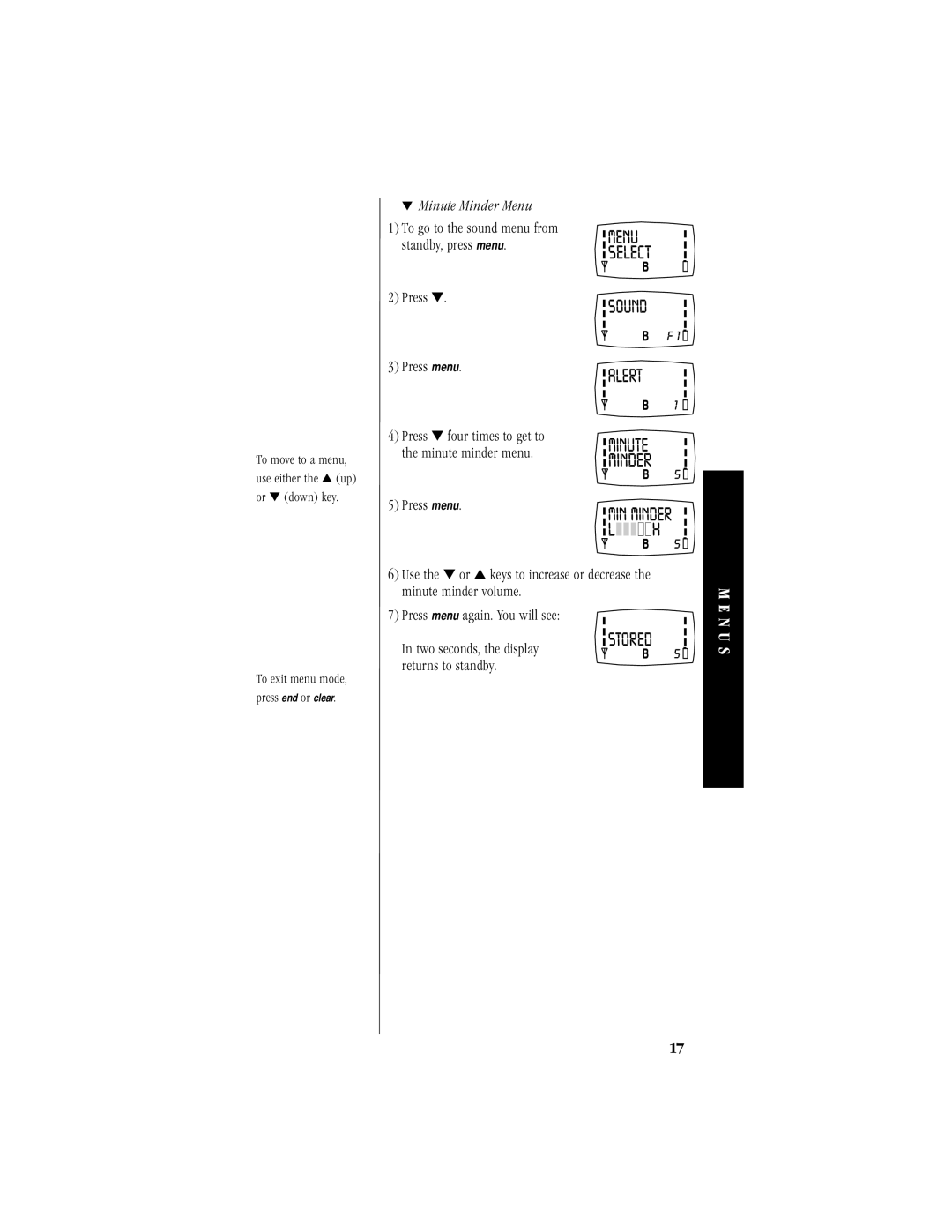 Uniden 200 manual Minute Minder Menu 