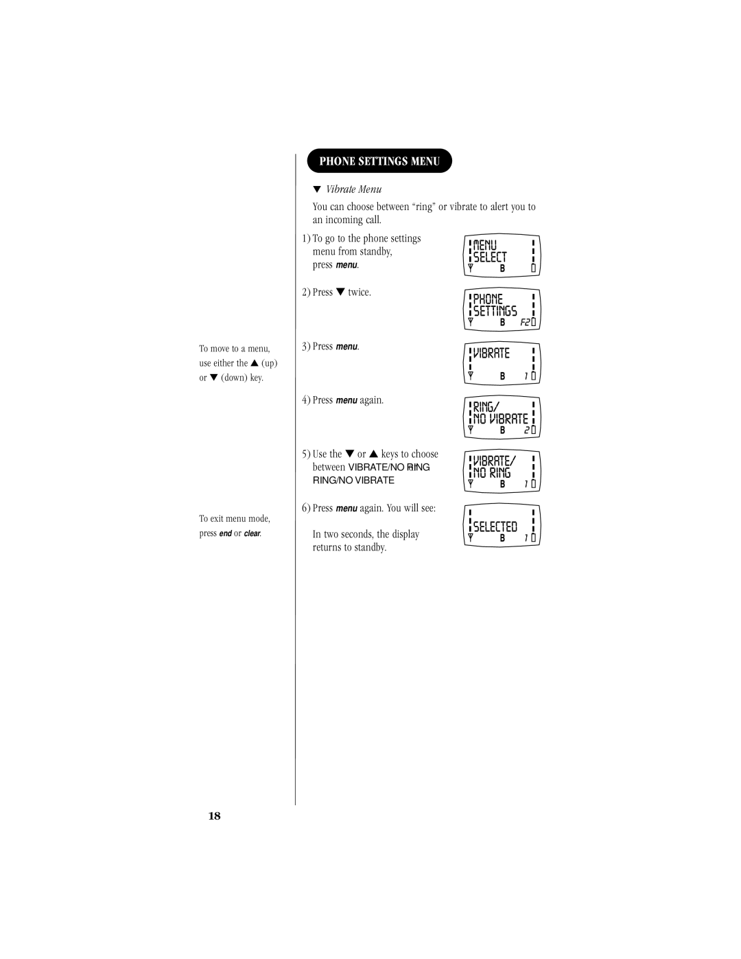 Uniden 200 manual Phone Settings Menu, Vibrate Menu 