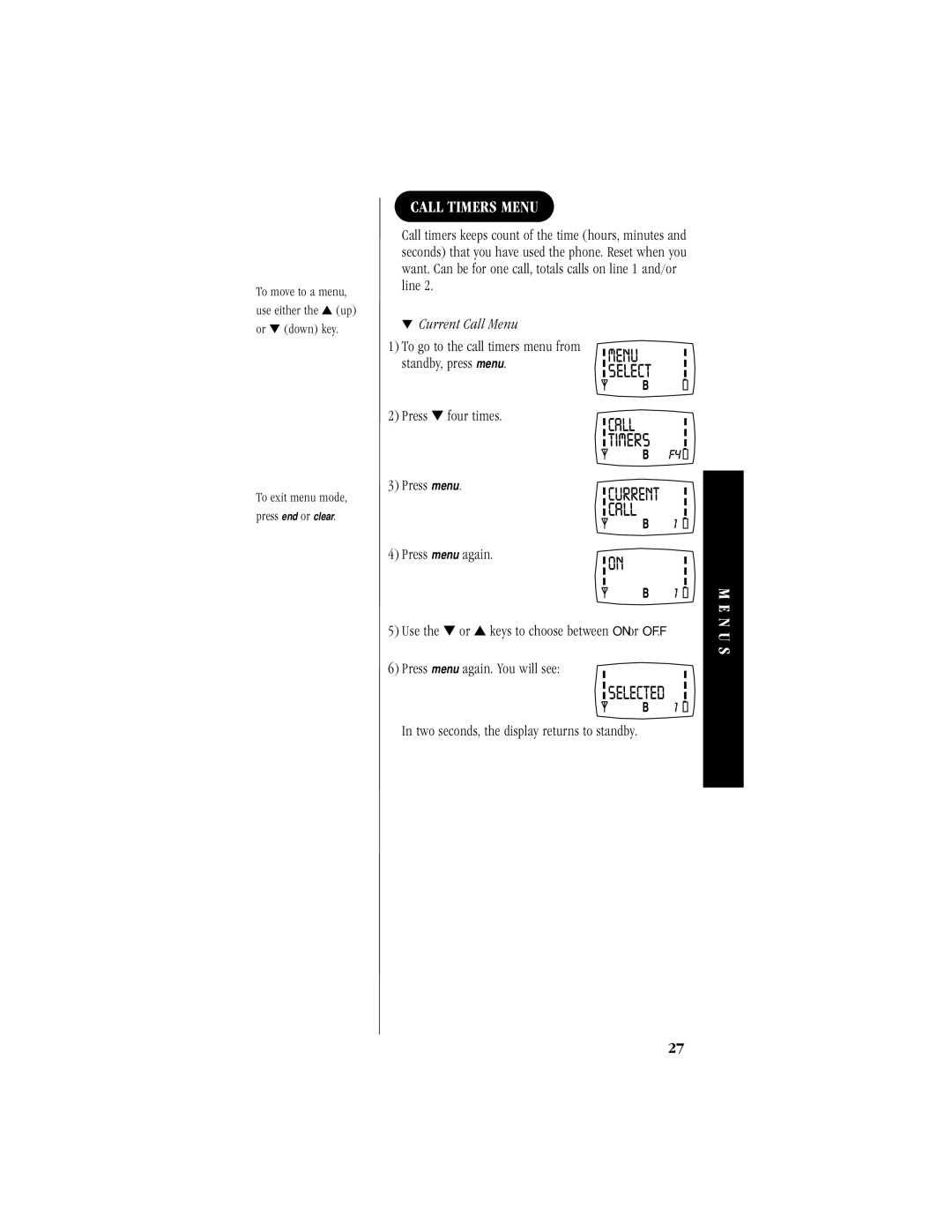 Uniden 200 manual Call Timers Menu, Current Call Menu 